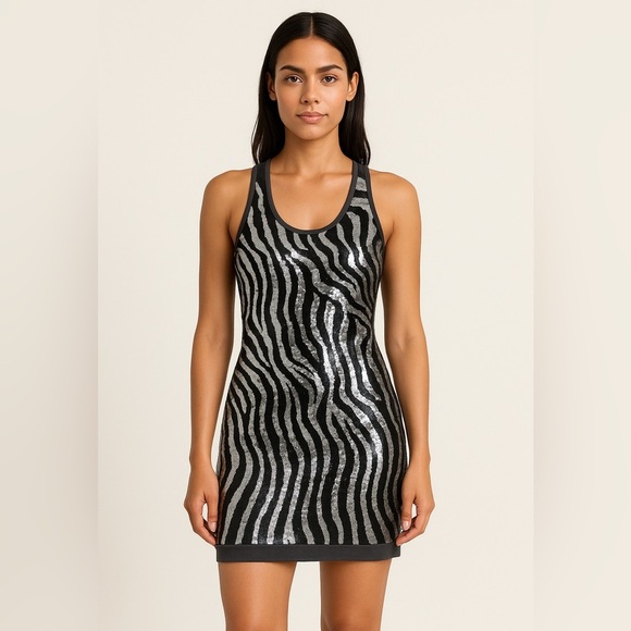 Silver and Black Sequin Medium Body-con Mini Dress - Picture 1 of 3